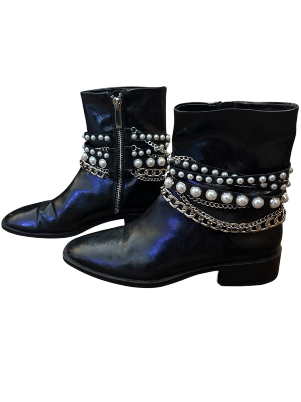 Zara Black Pearl Chain Ankle Boots - Picture 2 of 6